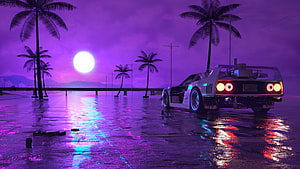 Retrofuturistic sports car parked on a wet beach with palm trees under a purple neon sunset HD wallpaper