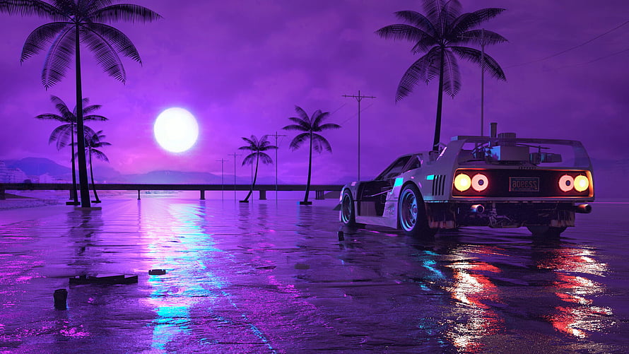 Retrofuturistic sports car parked on a wet beach with palm trees under a purple neon sunset HD wallpaper