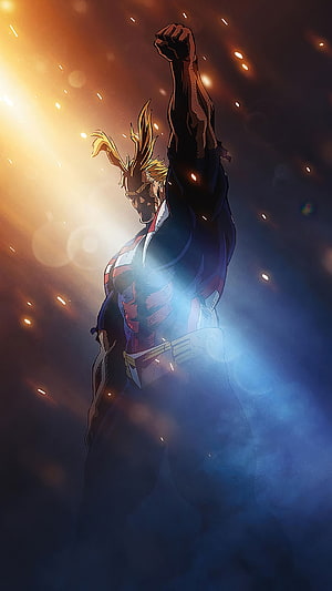 All Might from My Hero Academia in a heroic pose with raised fist and dramatic lighting HD phone wallpaper