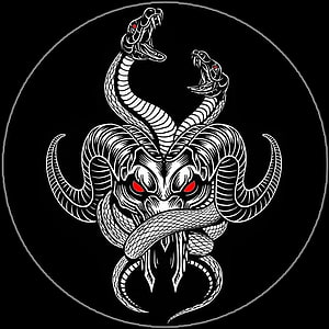 Black and White Ram Skull with Serpents and Red Eyes Tattoo Design HD phone wallpaper
