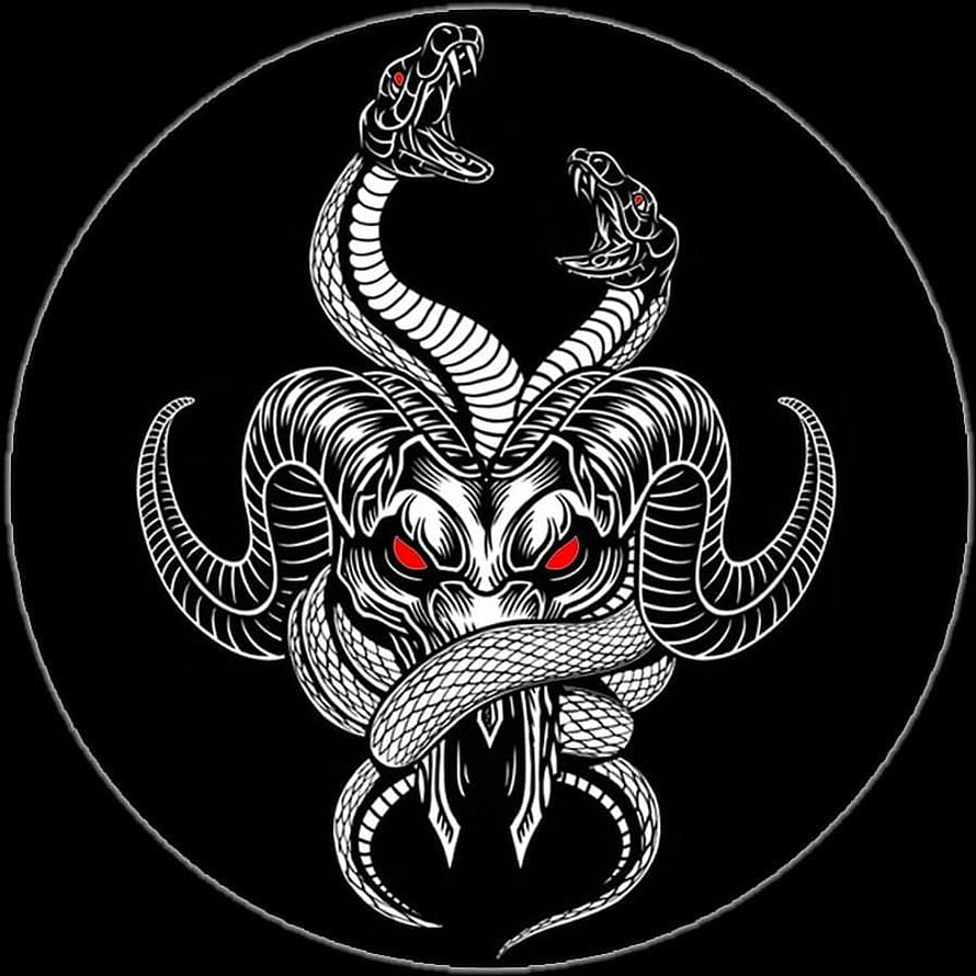 Black and White Ram Skull with Serpents and Red Eyes Tattoo Design HD phone wallpaper