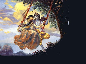 Radha and Krishna on a Flower Swing in a Lush Garden HD wallpaper