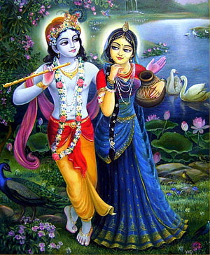 Radha Krishna Painting with Flute and Pot in Lotus Pond HD phone wallpaper