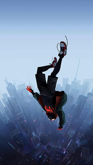 Miles Morales Spider-Man Swinging Over a Futuristic Cityscape at Dusk, Miles Morales Mobile, miles morales android HD phone wallpaper