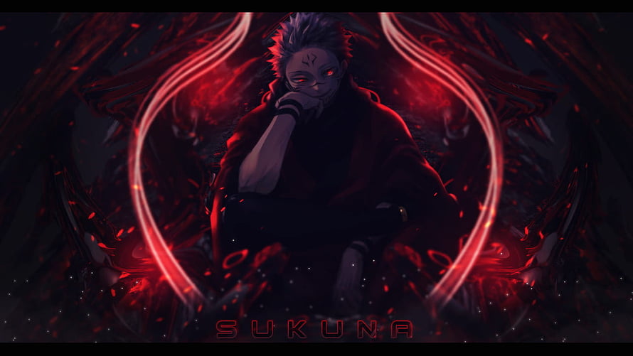 Ryomen Sukuna from Jujutsu Kaisen in a dark red aura with glowing eyes and cursed energy HD wallpaper
