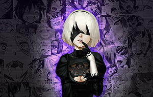 2B from NieR Automata in Black Bodysuit with Purple Glowing Background HD wallpaper