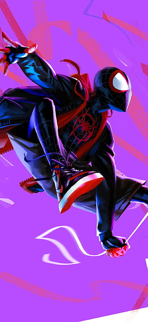 Miles Morales Spider-Man in Black Suit Swinging Through Purple Abstract Background, 1125x2436 Miles Morales In Spider Man Into The Spider Verse Artwork XS, 10, X , Backgrounds, and, spider man into the spider verse HD phone wallpaper