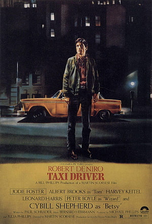 Taxi Driver Movie Poster Featuring Robert De Niro Standing in Front of Yellow Cab at Night HD phone wallpaper