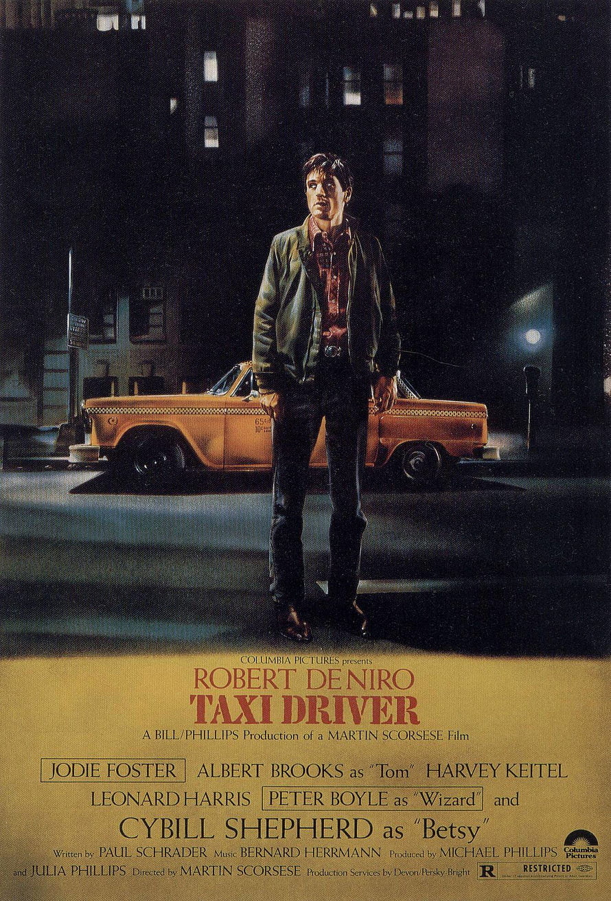 Taxi Driver Movie Poster Featuring Robert De Niro Standing in Front of Yellow Cab at Night HD phone wallpaper