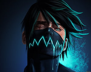 Dark Anime Boy with Glowing Cyan Mask and Black Hair HD wallpaper