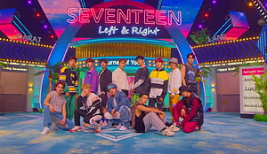 Seventeen Left & Right Group Photo in Vibrant Neon Stage Setting HD wallpaper