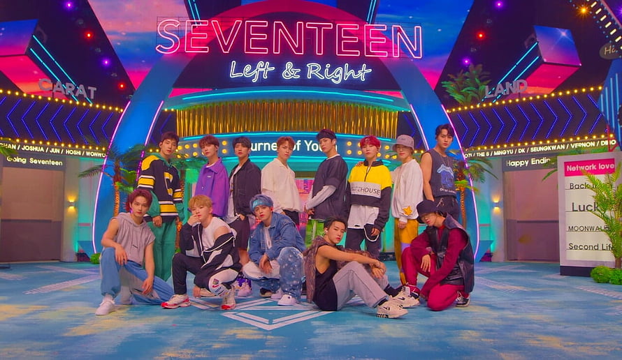 Seventeen Left & Right Group Photo in Vibrant Neon Stage Setting HD wallpaper