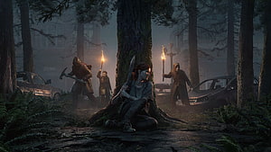 The Last of Us Part II Ellie Confronting Cultists in a Dark Forest HD wallpaper