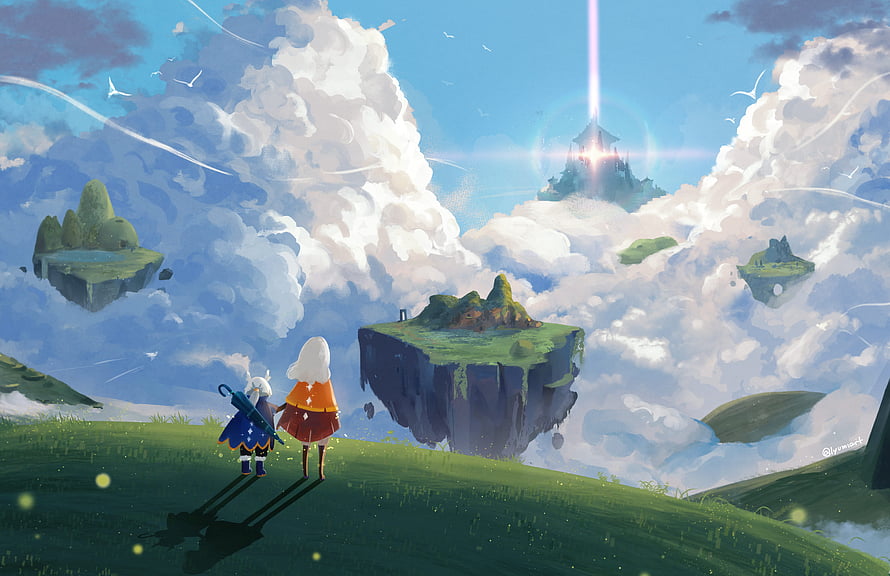 Sky Children of the Light Fantasy Floating Islands and Distant Castle in Clouds HD wallpaper