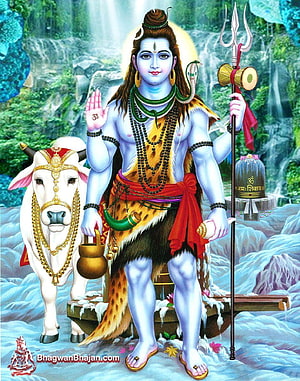 Lord Shiva standing with Nandi bull, trident, and damaru in a serene Himalayan landscape HD phone wallpaper
