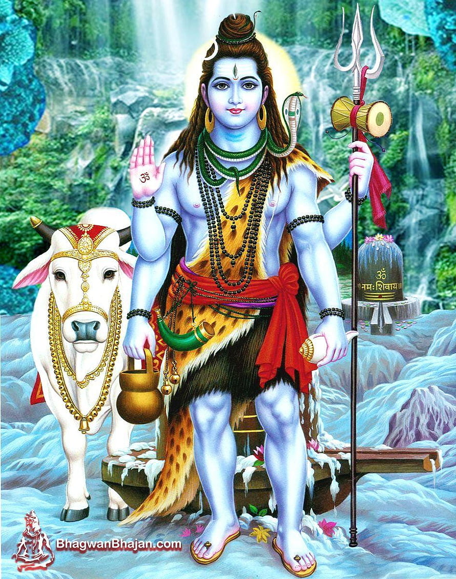 Lord Shiva standing with Nandi bull, trident, and damaru in a serene Himalayan landscape HD phone wallpaper