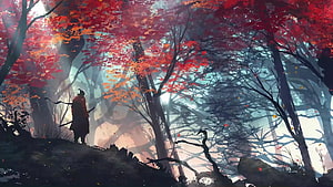 Lone Samurai in Misty Autumn Forest with Crimson Leaves and Sunbeams HD wallpaper