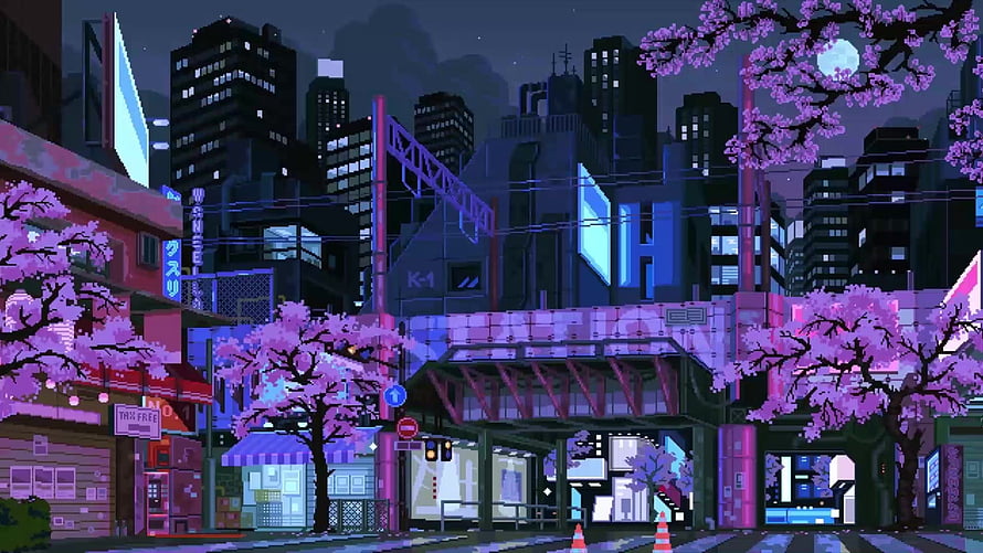 Pixel Art Cityscape with Neon Lights and Cherry Blossoms at Night HD wallpaper