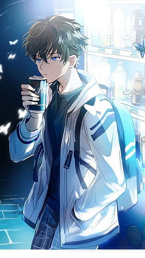 Anime Boy Drinking Soda From Vending Machine With Blue Jacket And Backpack HD phone wallpaper