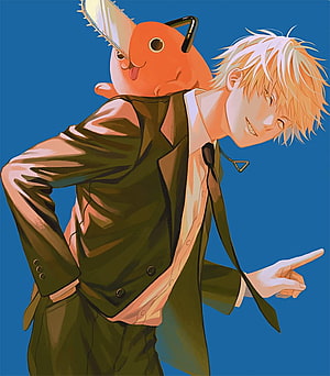Denji and Pochita from Chainsaw Man in a Green Suit with Blue Background, denji and pochita HD phone wallpaper
