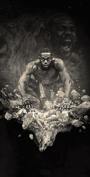 Jon Jones MMA Fighter Breaking Through Shattered Rock in Dramatic Black and White Artwork HD phone wallpaper
