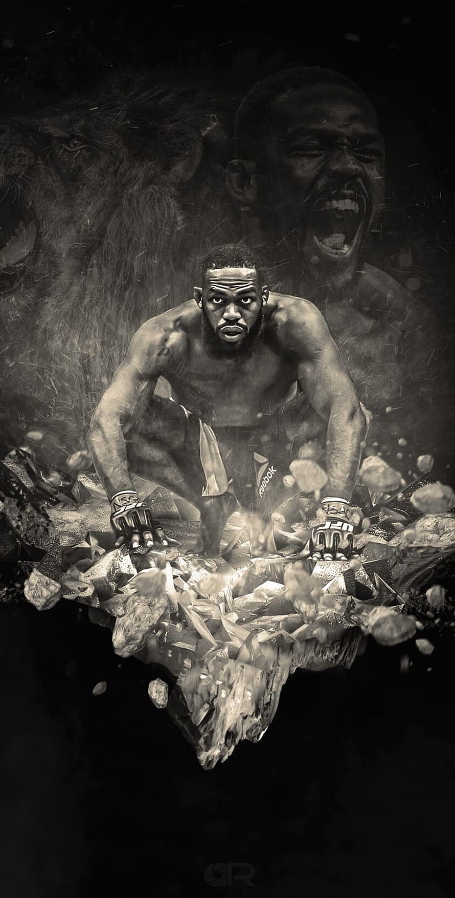 Jon Jones MMA Fighter Breaking Through Shattered Rock in Dramatic Black and White Artwork HD phone wallpaper