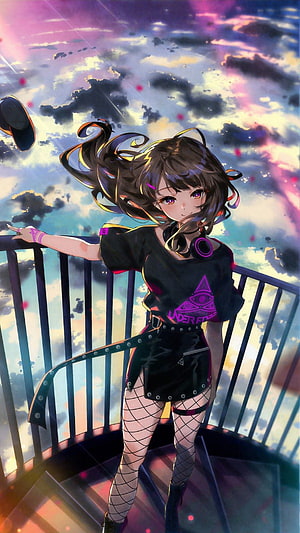 Anime Girl in Black Streetwear on Rooftop Balcony with Vibrant Sunset Sky HD phone wallpaper