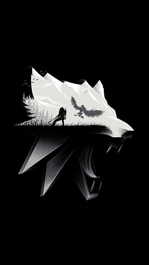 The Witcher Silhouette Artwork Featuring Geralt and Griffin on a Floating Island HD phone wallpaper