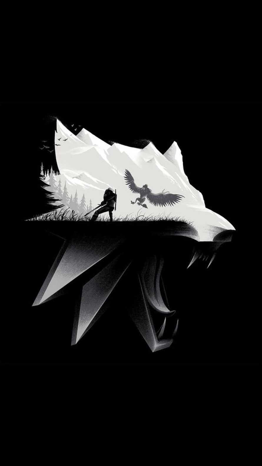 The Witcher Silhouette Artwork Featuring Geralt and Griffin on a Floating Island HD phone wallpaper