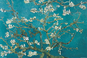 Van Gogh Almond Blossoms Painting with White Flowers on Turquoise Background HD wallpaper