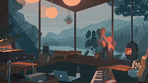 Cozy Cabin Interior with Mountain Lake View, Rain, Fireplace, and Music Studio Setup HD wallpaper