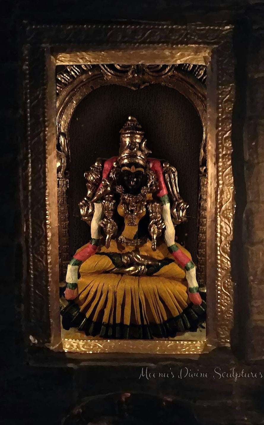 Kamakshi Goddess Temple Idol in Ornate Golden Niche with Traditional Garlands HD phone wallpaper
