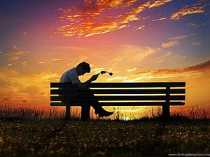 Silhouette of a man sitting on a park bench at sunset holding a wilted flower, Beautiful For Love Sad, love sad background HD wallpaper