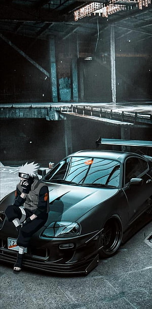Naruto Kakashi Hatake Sitting on a Black JDM Sports Car in an Industrial Setting HD phone wallpaper
