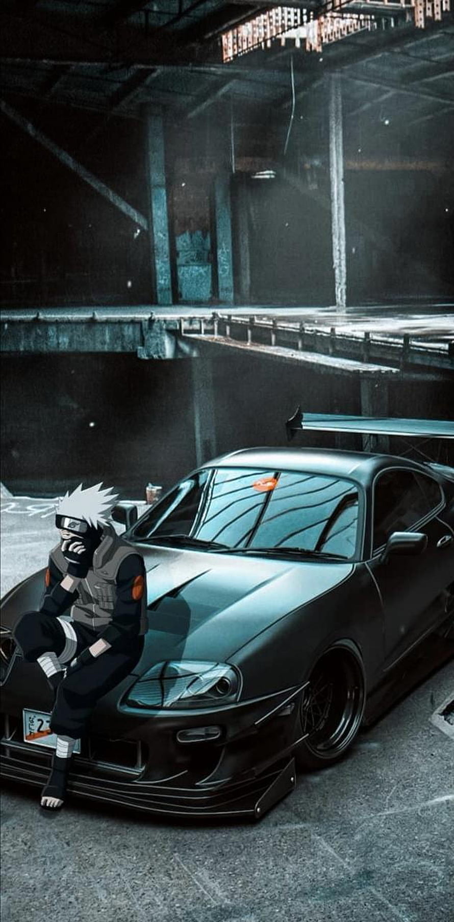 Naruto Kakashi Hatake Sitting on a Black JDM Sports Car in an Industrial Setting HD phone wallpaper