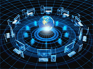Global Digital Network Concept with Holographic Computers and Earth Globe HD wallpaper