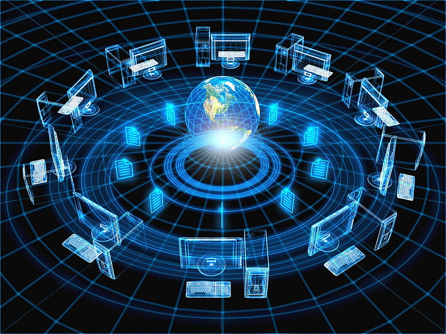 Global Digital Network Concept with Holographic Computers and Earth Globe HD wallpaper