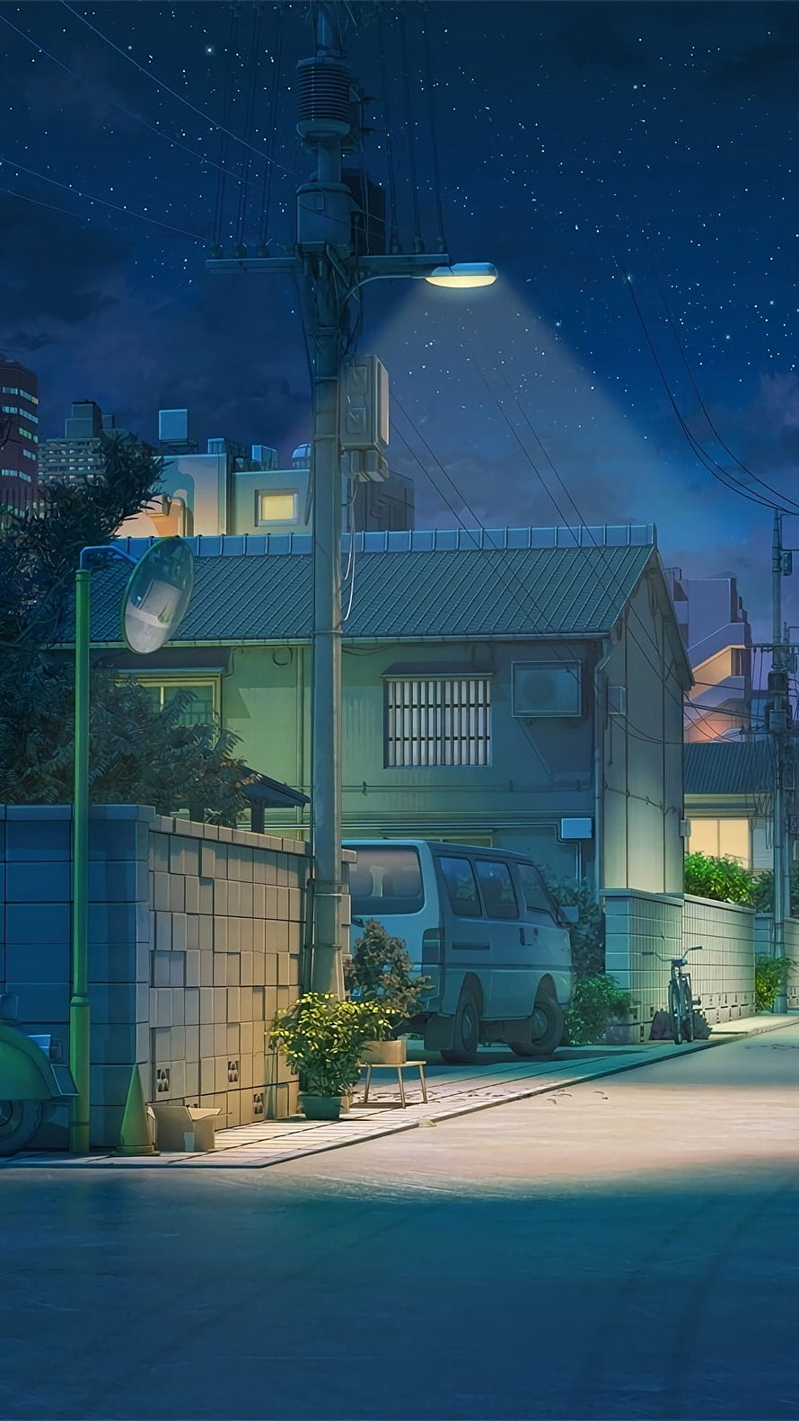 Anime Style Night Street Scene With Streetlight And Parked Van HD phone wallpaper
