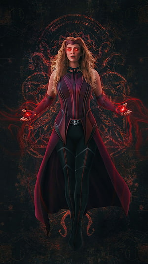 Scarlet Witch Wanda Maximoff Casting Red Magic Spell in Dark Cinematic Portrait HD phone wallpaper