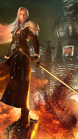 Sephiroth Final Fantasy VII Remake standing with Masamune sword amidst fiery industrial ruins HD phone wallpaper