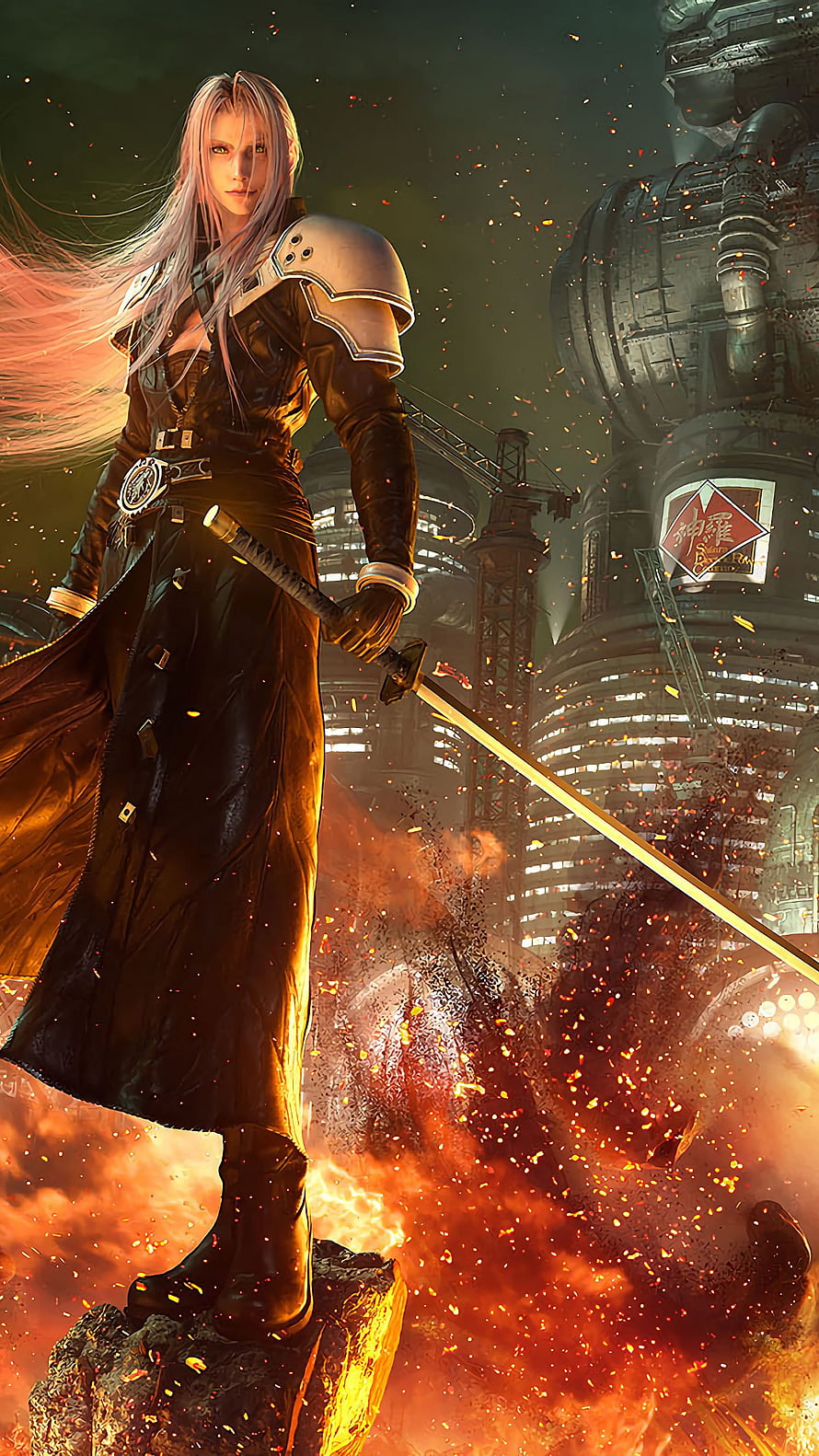 Sephiroth Final Fantasy VII Remake standing with Masamune sword amidst fiery industrial ruins HD phone wallpaper