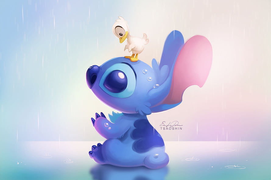 Stitch and a Small White Duckling Sitting Together in Gentle Rain HD wallpaper