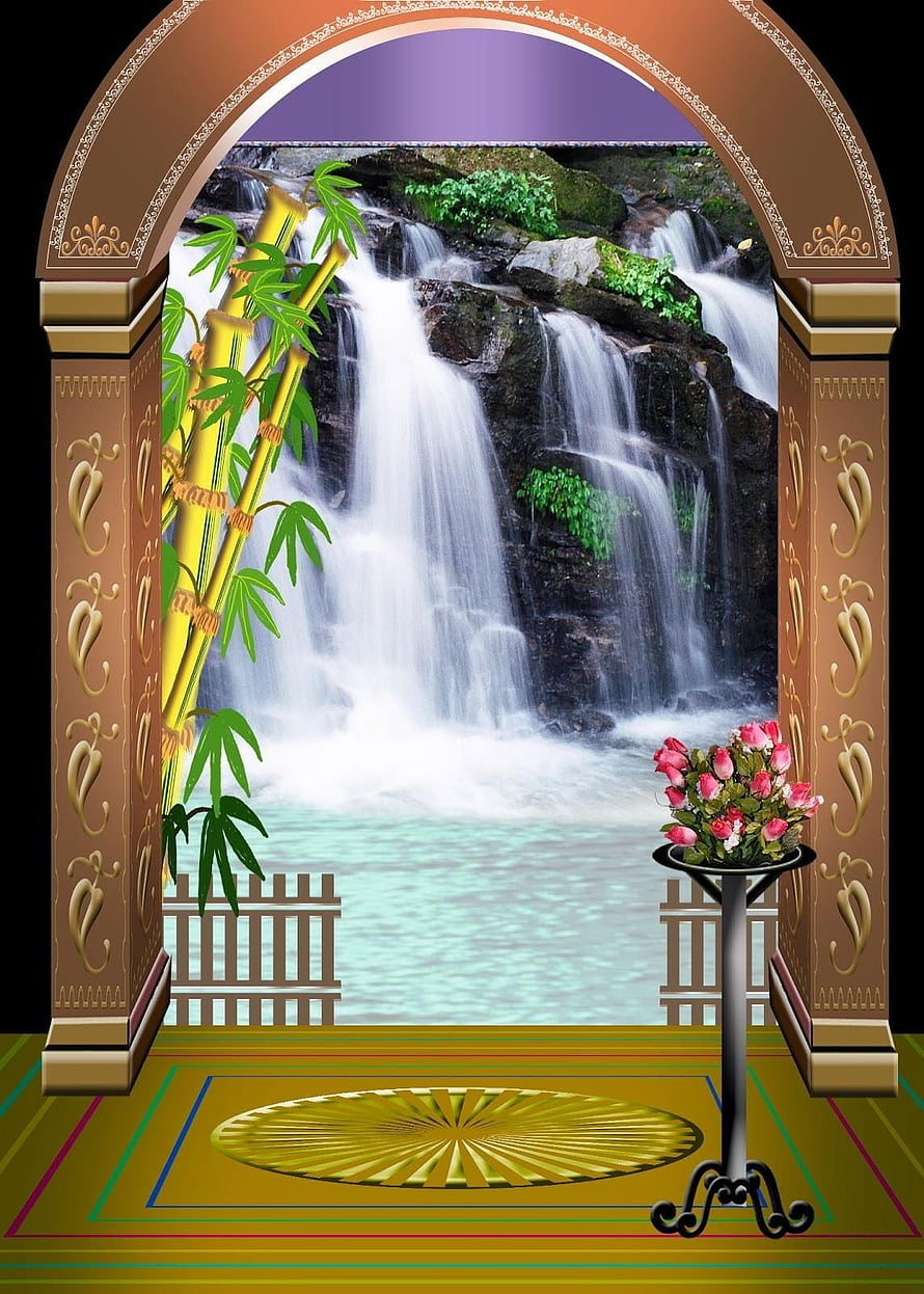Ornate Archway Framing Serene Waterfall With Bamboo And Pink Roses HD phone wallpaper