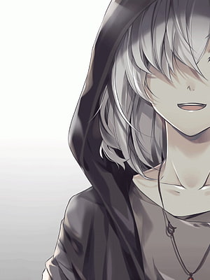Silver-Haired Anime Boy in Dark Hoodie with Mysterious Smile HD phone wallpaper