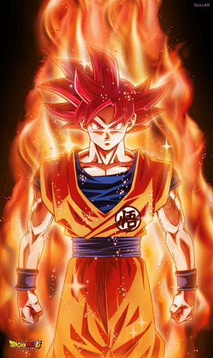 Goku Super Saiyan God Enveloped in Fiery Aura Dragon Ball Super Anime Artwork HD phone wallpaper