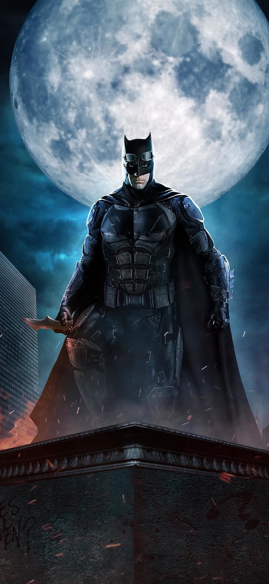 Batman in armored suit standing on rooftop under a full moon with batarang in hand, Justice League Batman The Dark Knight Fan Art Data, justice league film HD phone wallpaper