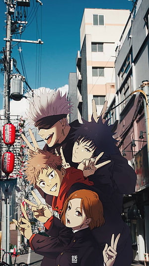 Jujutsu Kaisen Gojo Satoru Yuji Itadori Megumi Fushiguro Nobara Kugisaki Street Group Photo HD phone wallpaper
