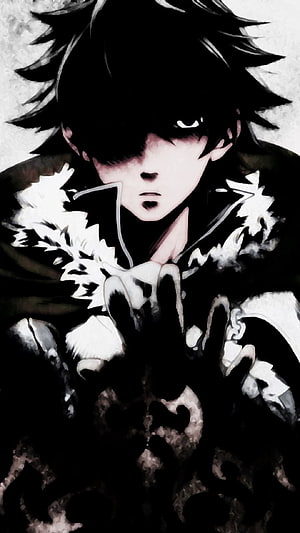 Dark Anime Character with Spiky Hair and High Collar in Monochrome Style HD phone wallpaper