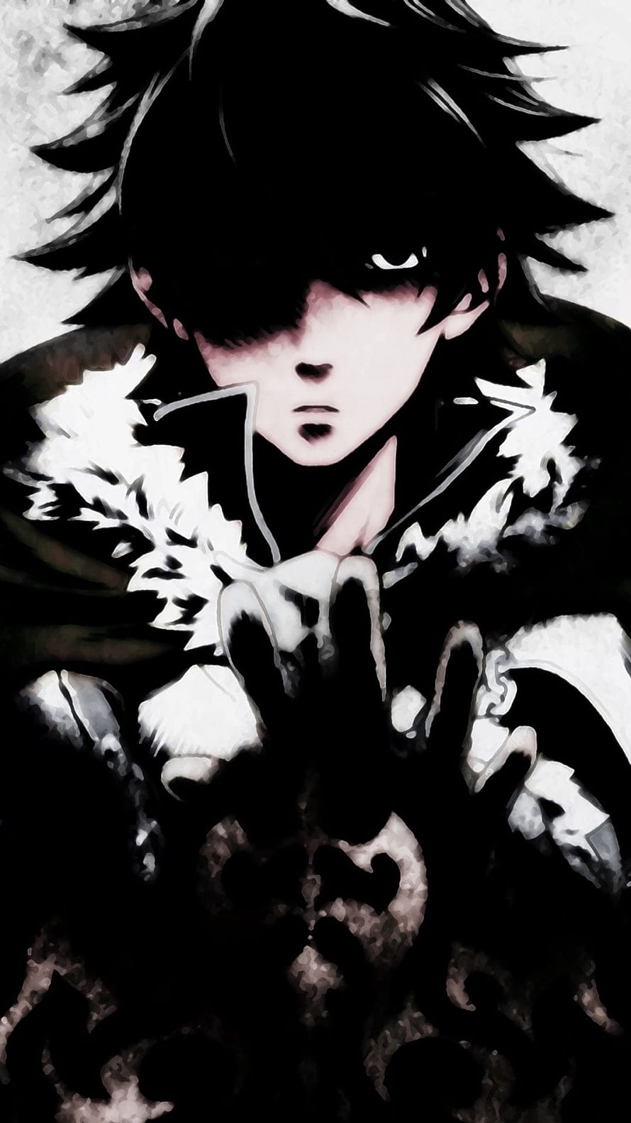 Dark Anime Character with Spiky Hair and High Collar in Monochrome Style HD phone wallpaper