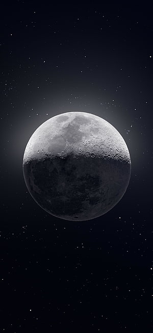 Gibbous Moon with Cratered Surface Floating in Deep Space Starfield HD phone wallpaper